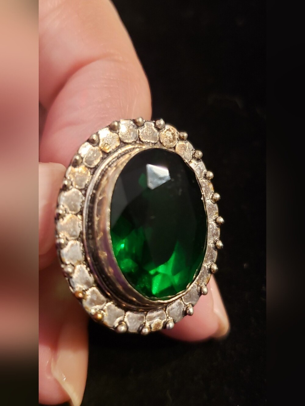Sterling Stamped Emerald Green Faceted Quartz, Sz 6, Indian Made, Perfect Color!